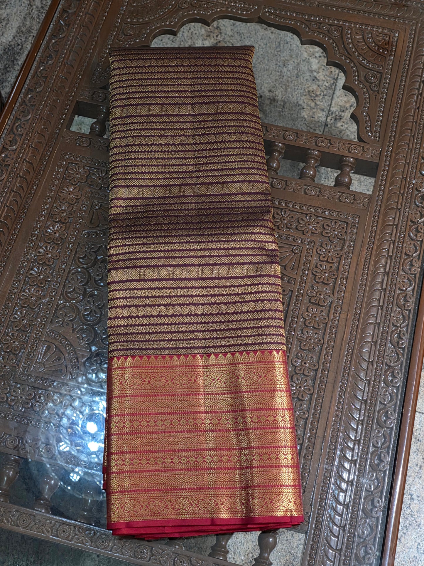 Pure Mulberry silk dual tone brown saree with pure zari completely hand woven.