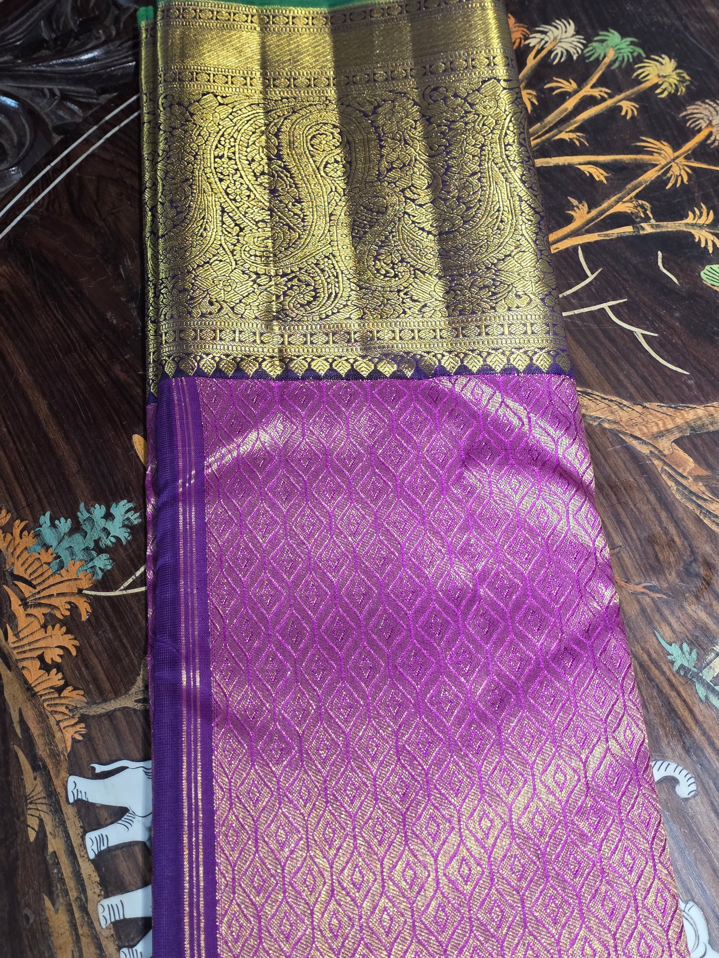 Purple pure silk korvai saree with 100% pure zari and contrasting border and blouse