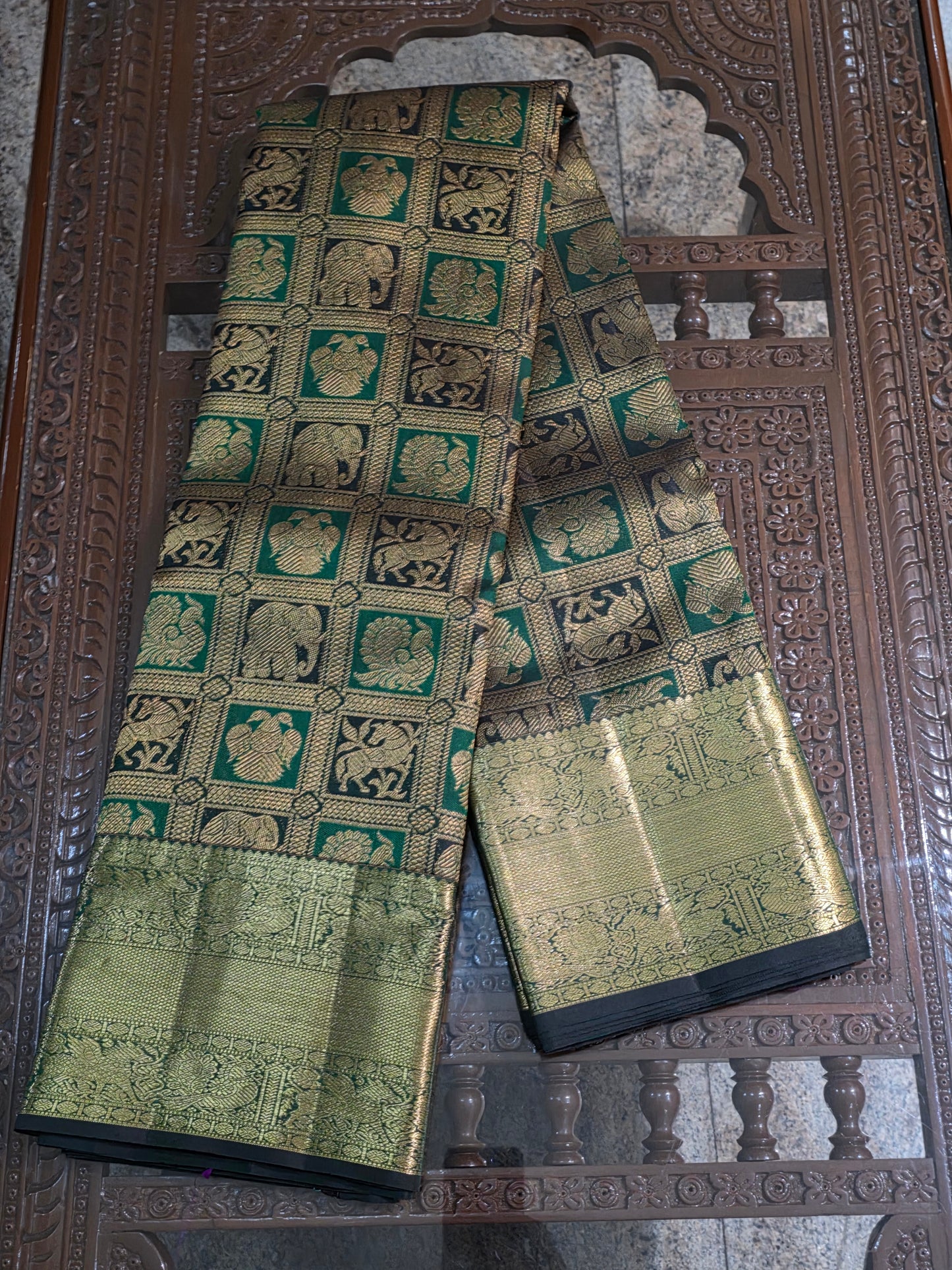 Pure Mulberry dual tone green colour silk saree with pure zari completely hand woven.