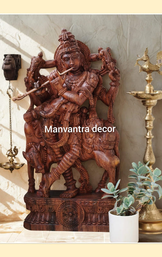 Cow krishna idol , completely handcarved in solid teakwood wood
