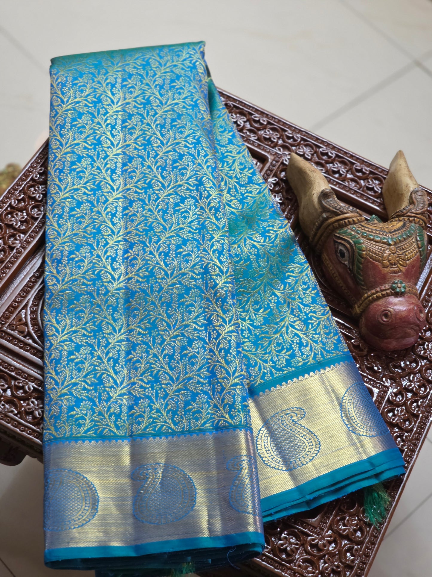 Double tone Blue and silver floral patterns Silk saree