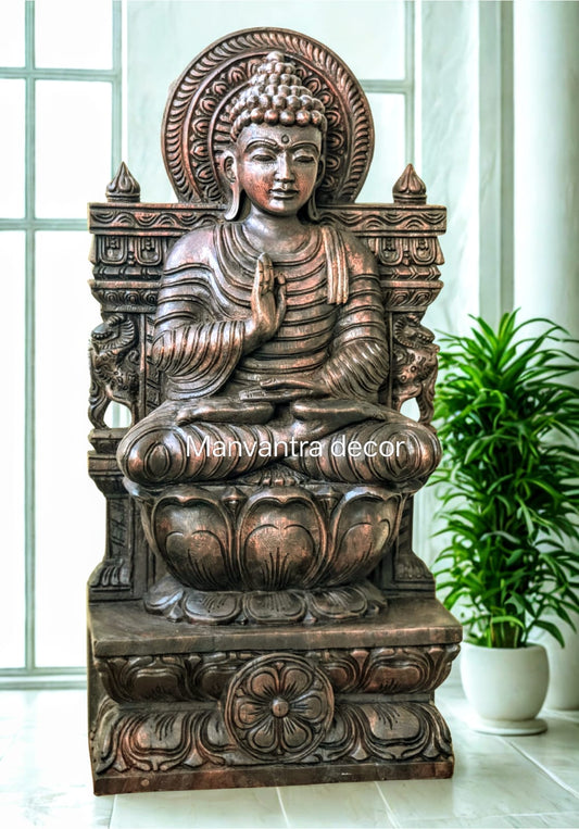 Wooden buddha idol in sitting pose