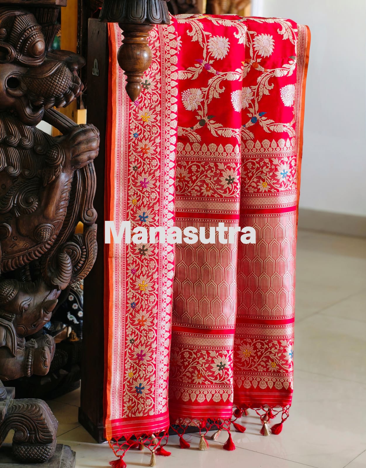 Pure Mulberry silk with pure zari completely hand woven with interlocking zari work