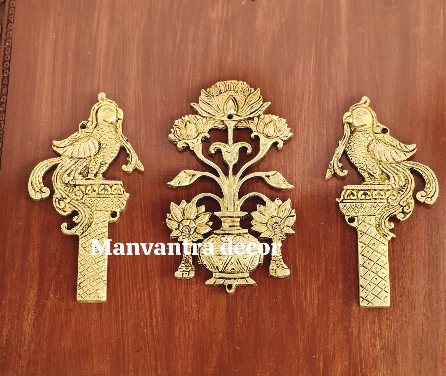 Wall hang kalash and parrots for door/ accent wall in pure brass