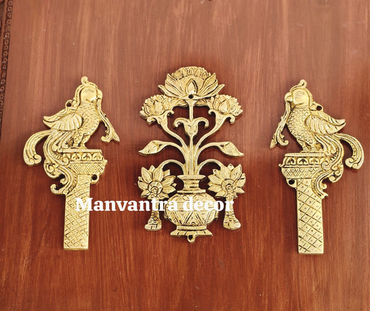 Wall hang kalash and parrots for door/ accent wall in pure brass
