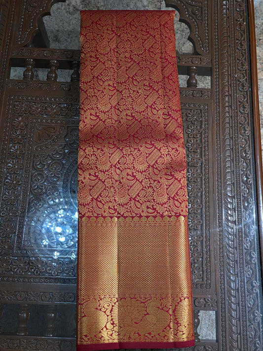 Pure Mulberry red and golden colour silk saree with pure zari completely hand woven.