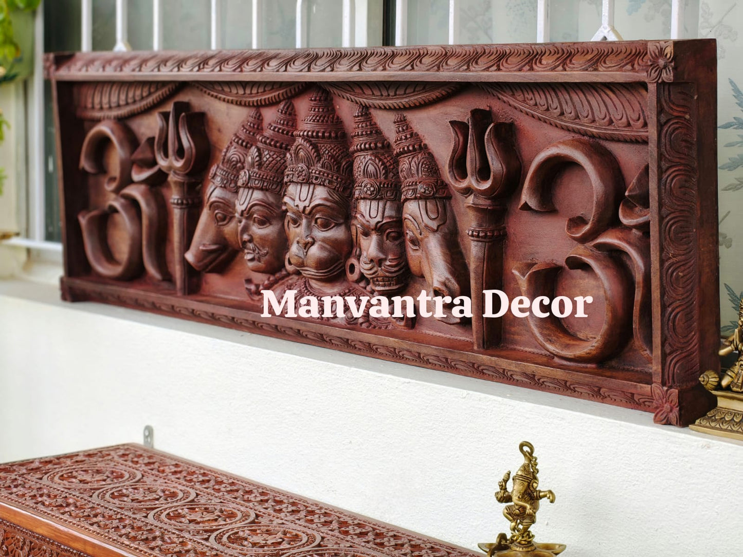 Panchmukhi Hanuman wall mounted panel in teak wood hand carved