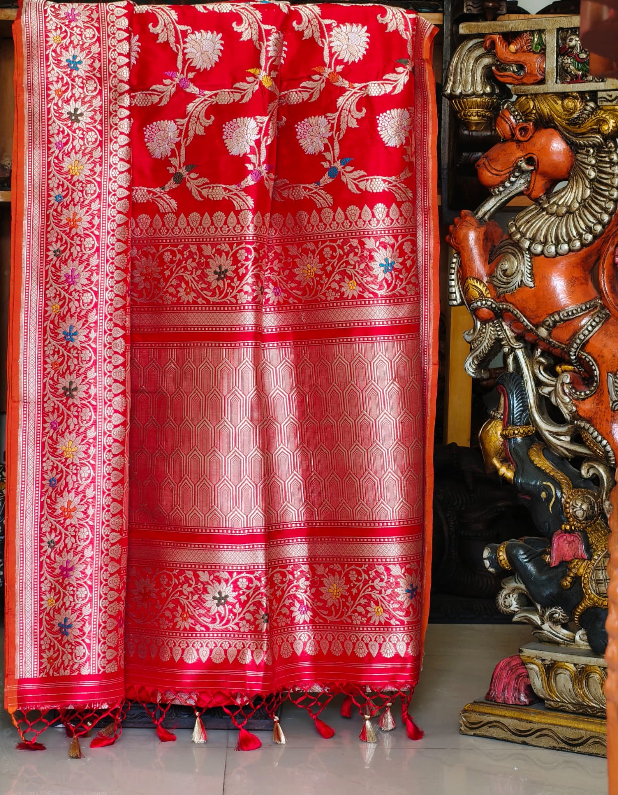 Pure Mulberry silk with pure zari completely hand woven with interlocking zari work