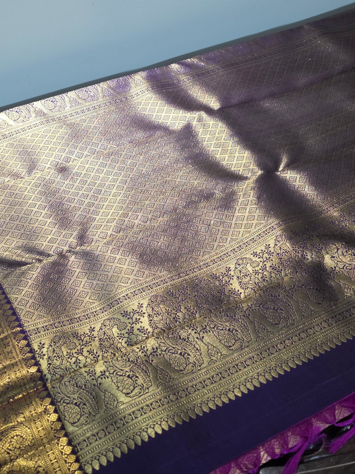 Purple pure silk korvai saree with 100% pure zari and contrasting border and blouse