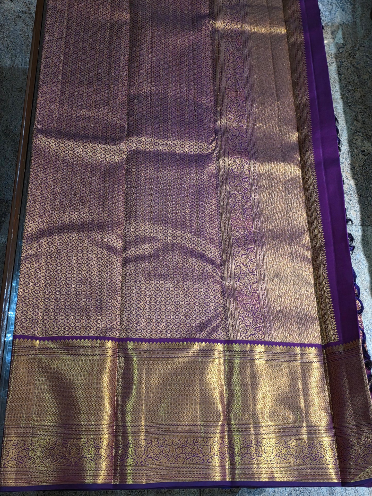 Pure Mulberry silk saree purple colour and golden pure zari completely hand woven.