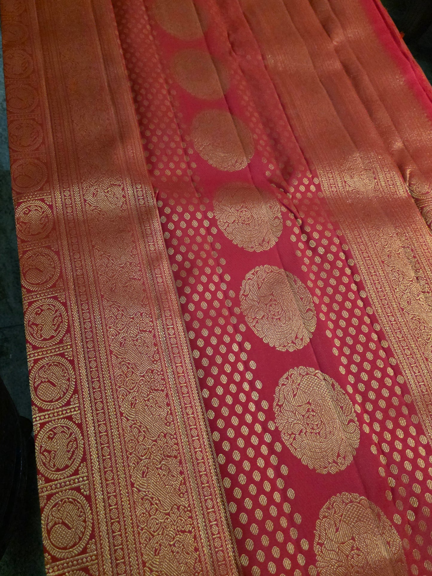 Pure Mulberry orange colour silk saree with pure zari completely hand woven