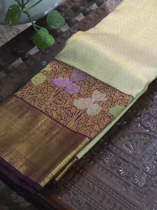 Pure Mulberry silk saree cream colour korvai style special weaving with pure zari and contrast border and rich completely hand woven.