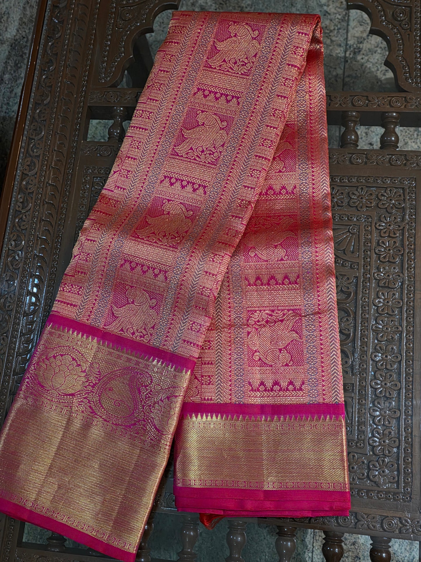 Pure Mulberry silk dual tone pink and golden color saree with pure zari completely hand woven.