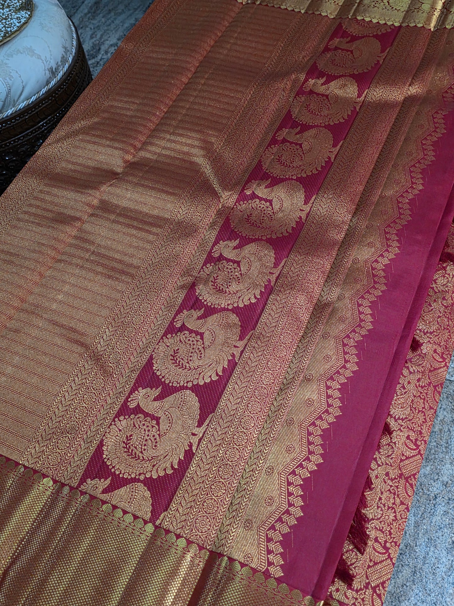 Pure Mulberry red and golden colour silk saree with pure zari completely hand woven.