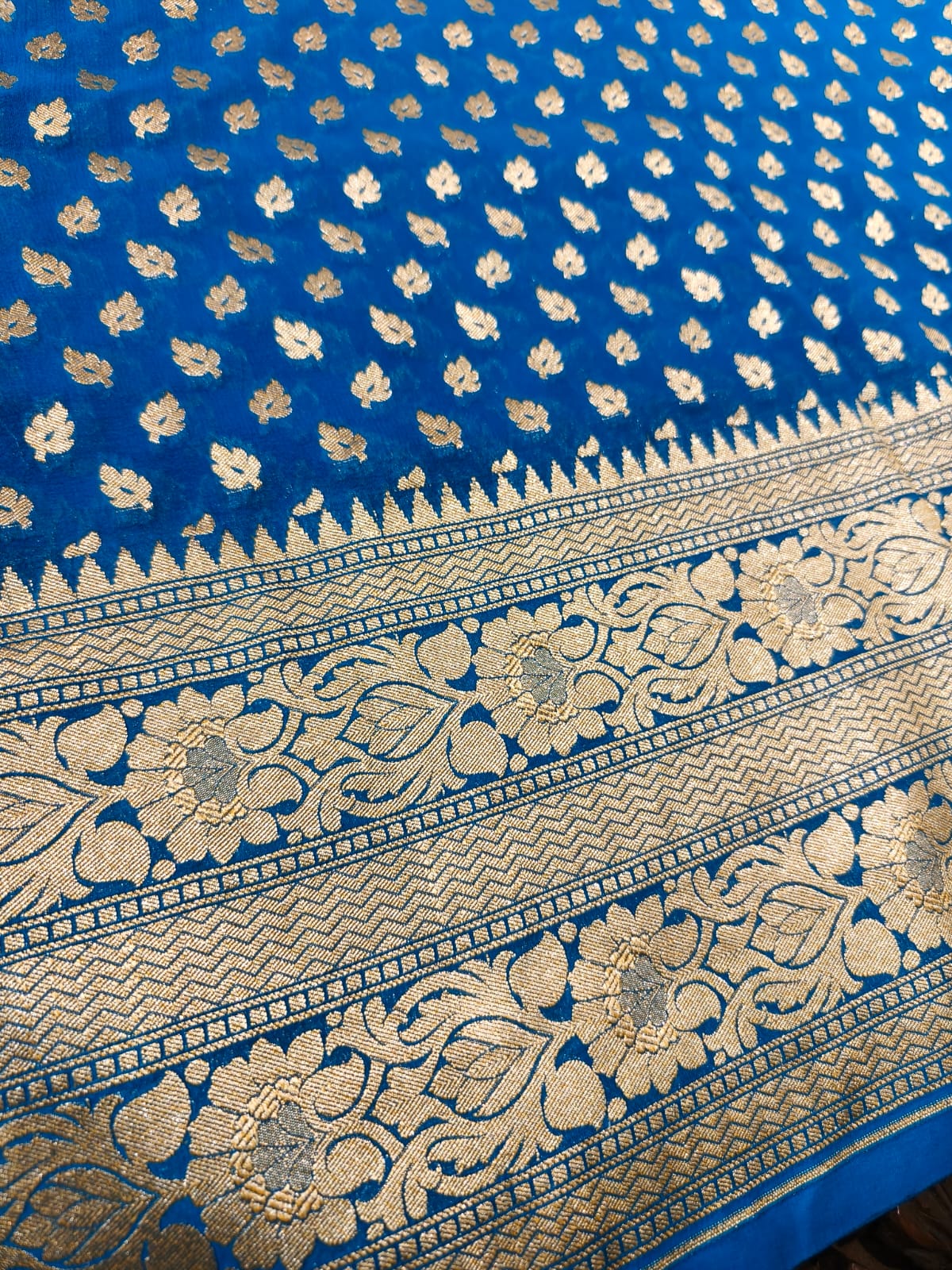 pure silk blue saree in sheer, and breathable fabric traditionally woven from 100% mulberry silk and pure zari completely hand woven