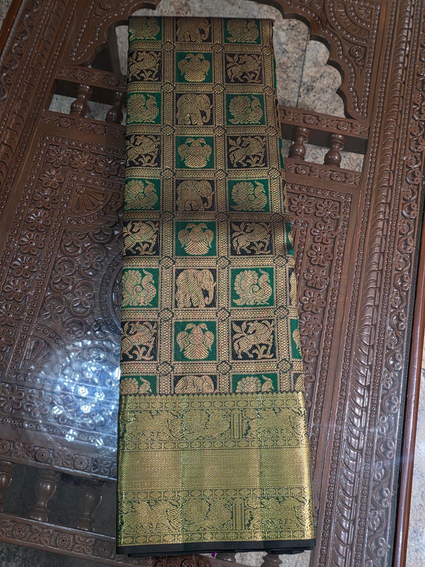 Pure Mulberry dual tone green colour silk saree with pure zari completely hand woven.