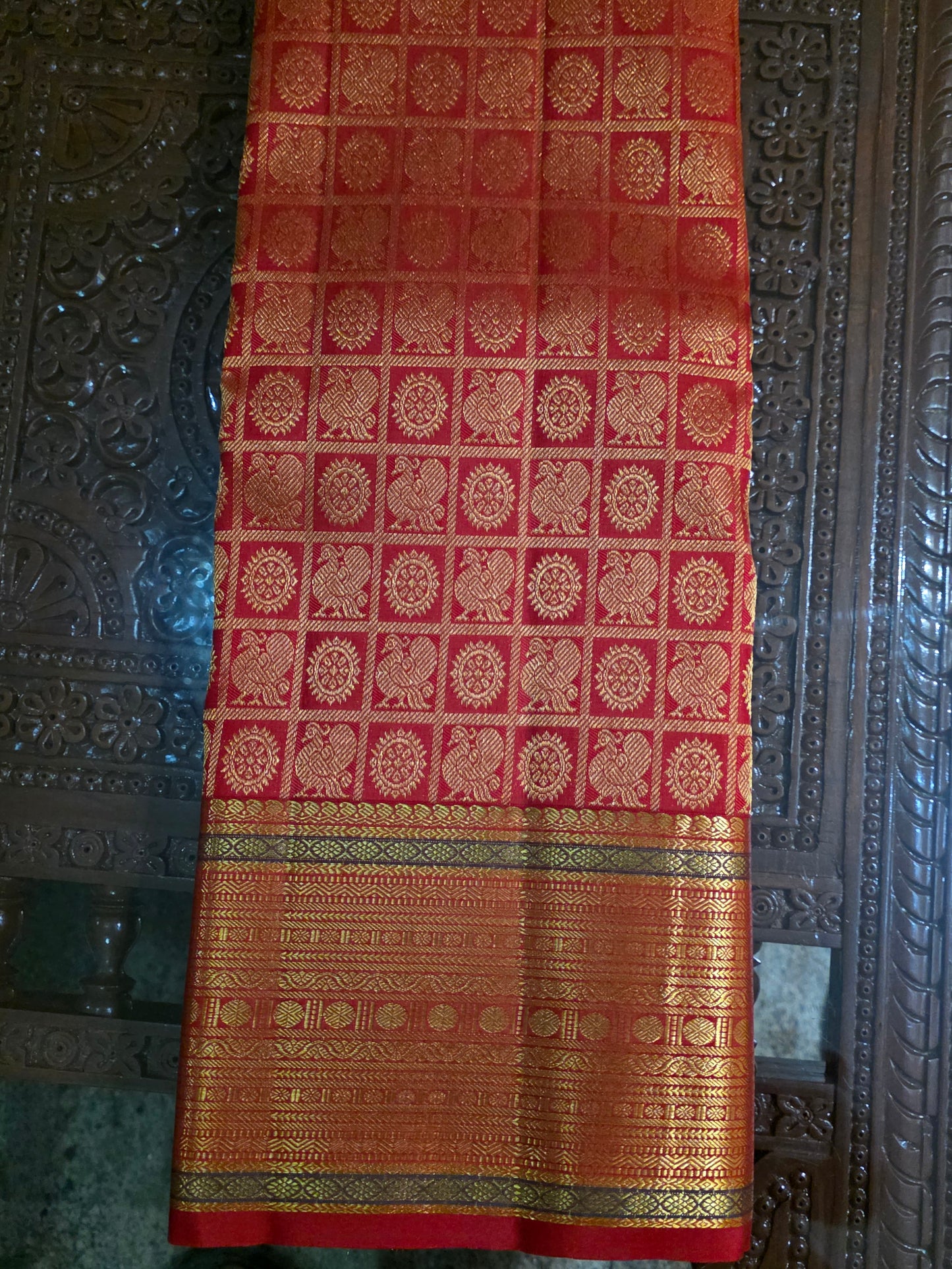 Pure Mulberry orange colour silk saree with pure zari completely hand woven