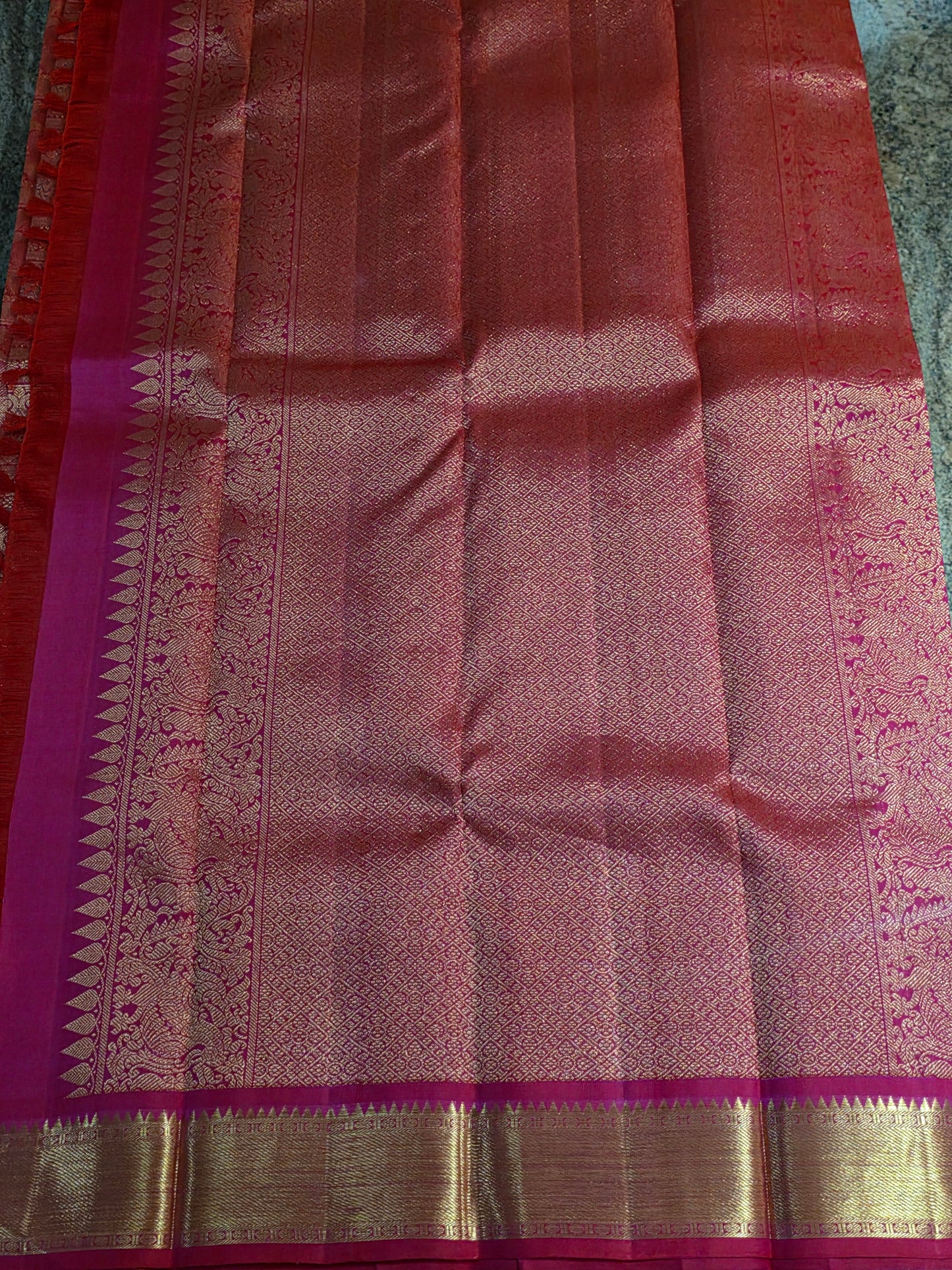 Pure Mulberry silk dual tone pink and golden color saree with pure zari completely hand woven.