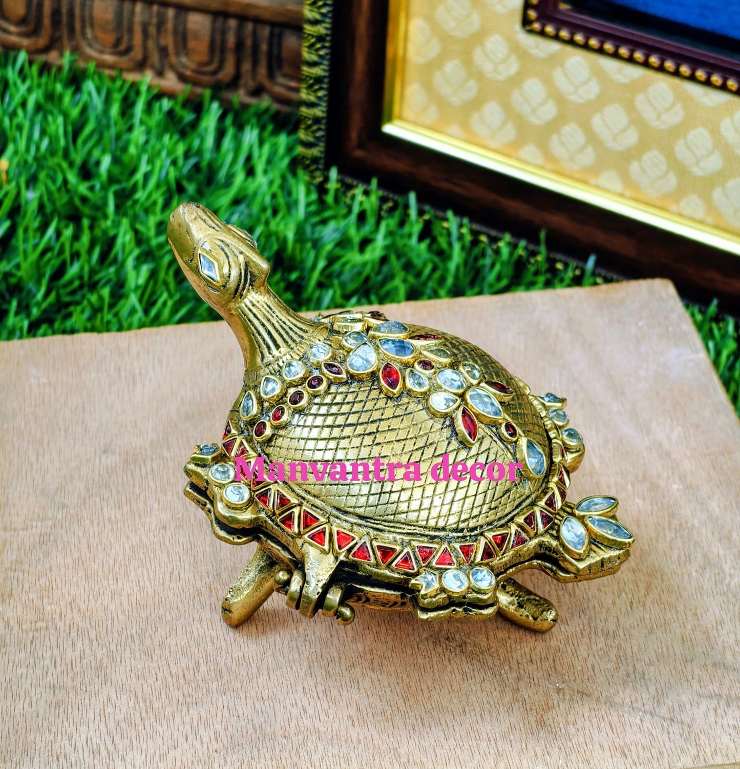 Turtle shape kum kum box with kundan work in pure brass
