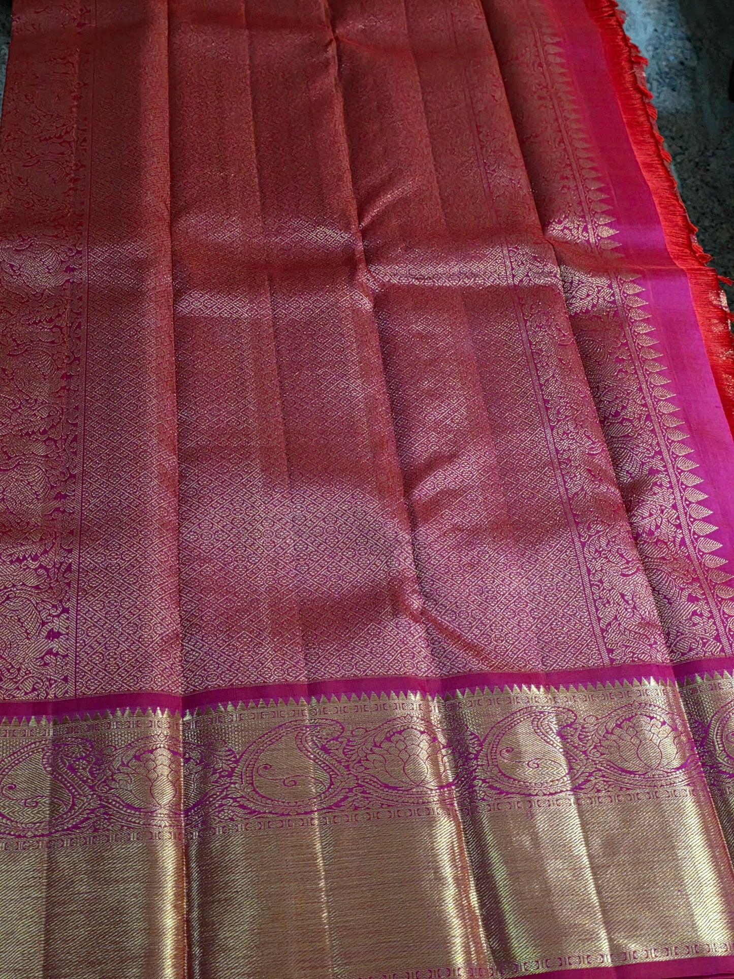 Pure Mulberry silk dual tone pink and golden color saree with pure zari completely hand woven.