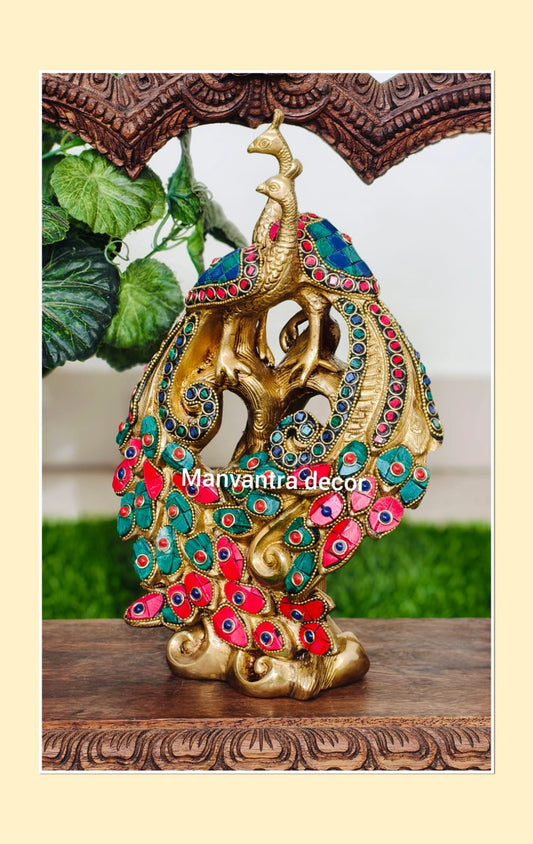 Double peacock decorative piece with beautiful and colourful stonework done on pure brass complete hand work.