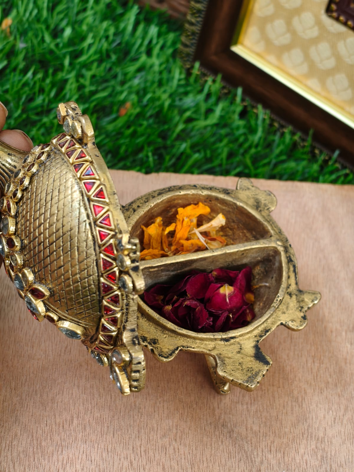 Turtle shape kum kum box with kundan work in pure brass