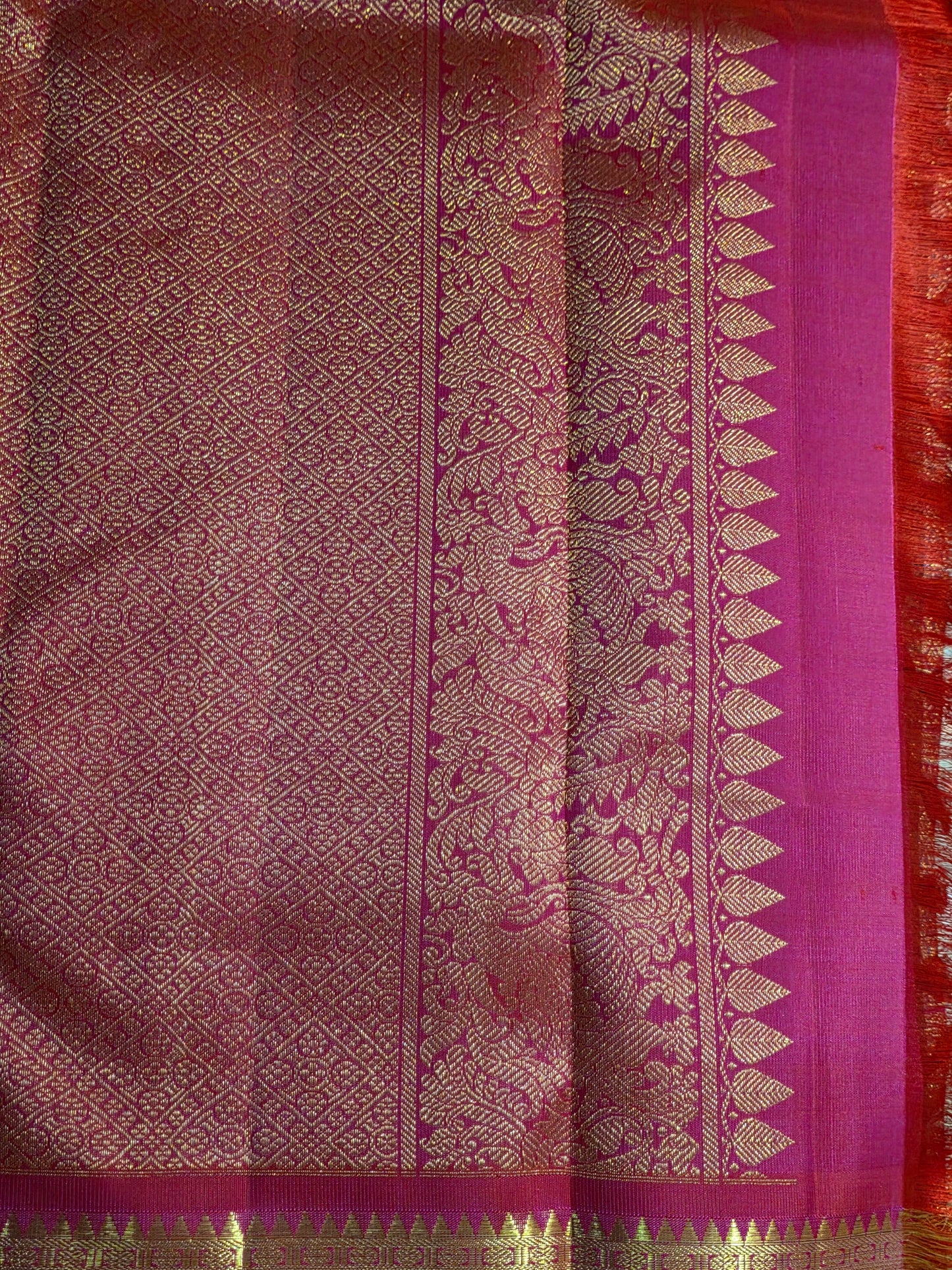 Pure Mulberry silk dual tone pink and golden color saree with pure zari completely hand woven.