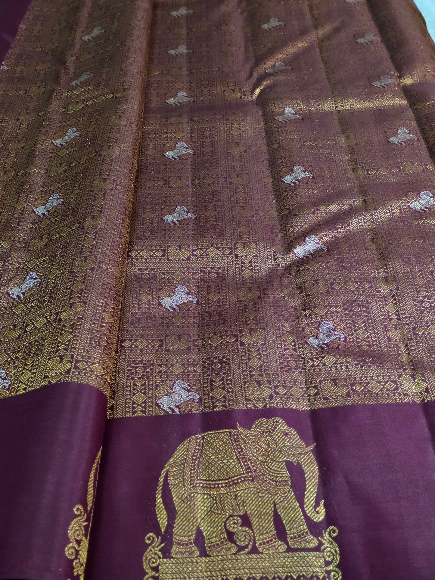 Pure Mulberry silk saree maroon colour with pure zari completely hand woven, rich border and pallu