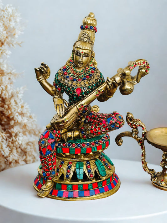 Saraswati idol with beautiful colour stone work in pure brass