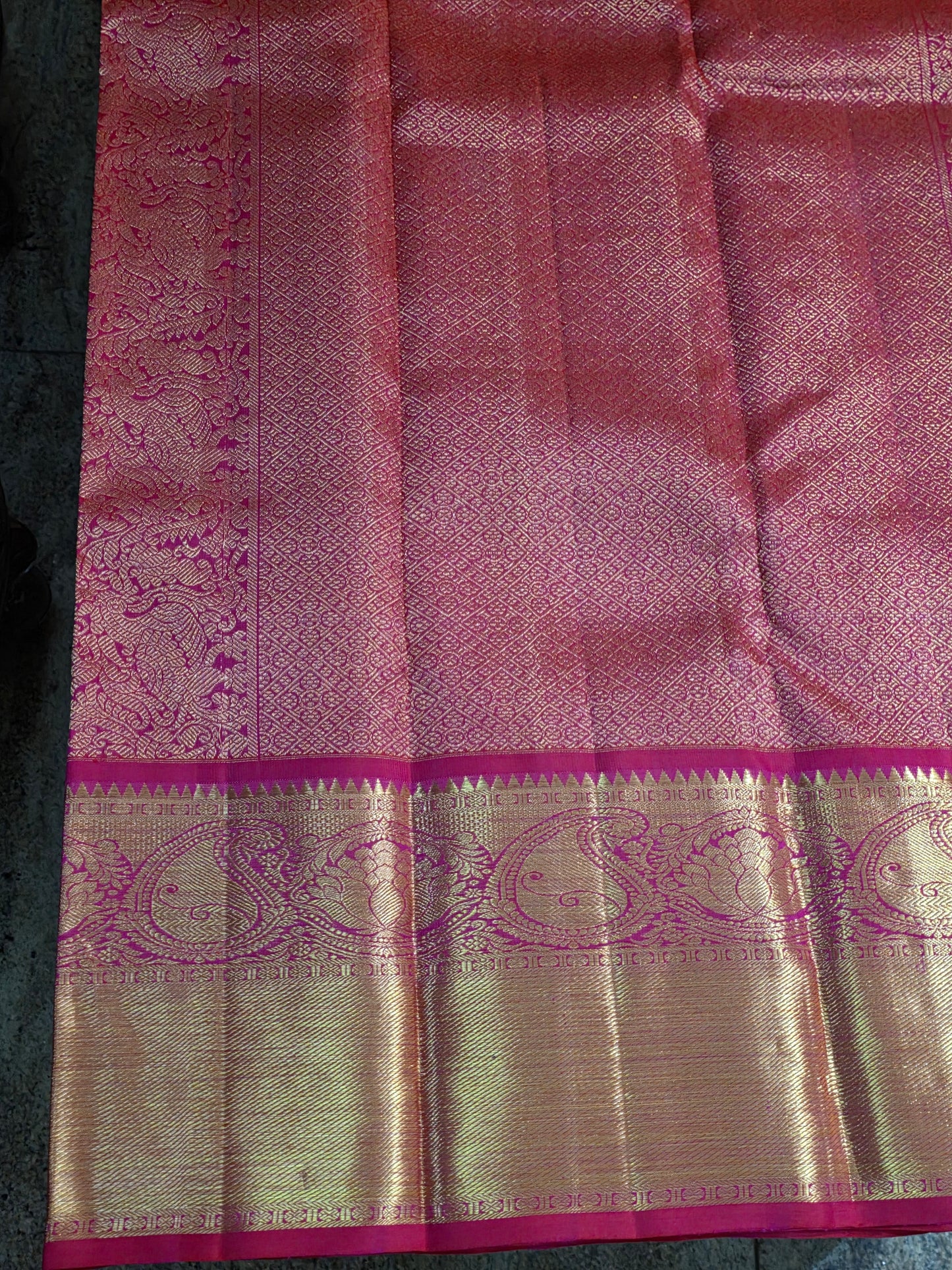 Pure Mulberry silk dual tone pink and golden color saree with pure zari completely hand woven.
