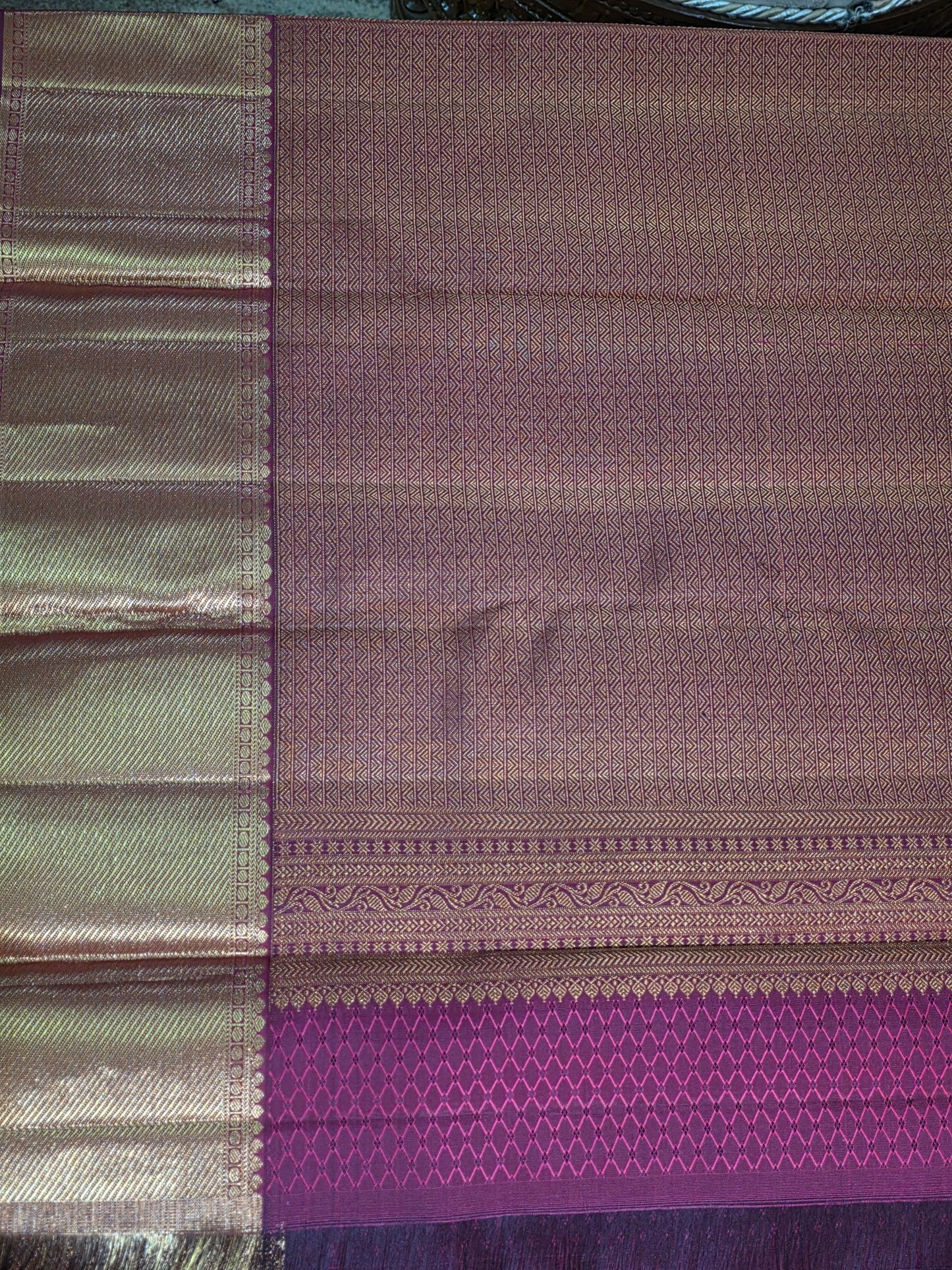 Pure Mulberry rust colour dual tone silk saree with pure zari completely hand woven.