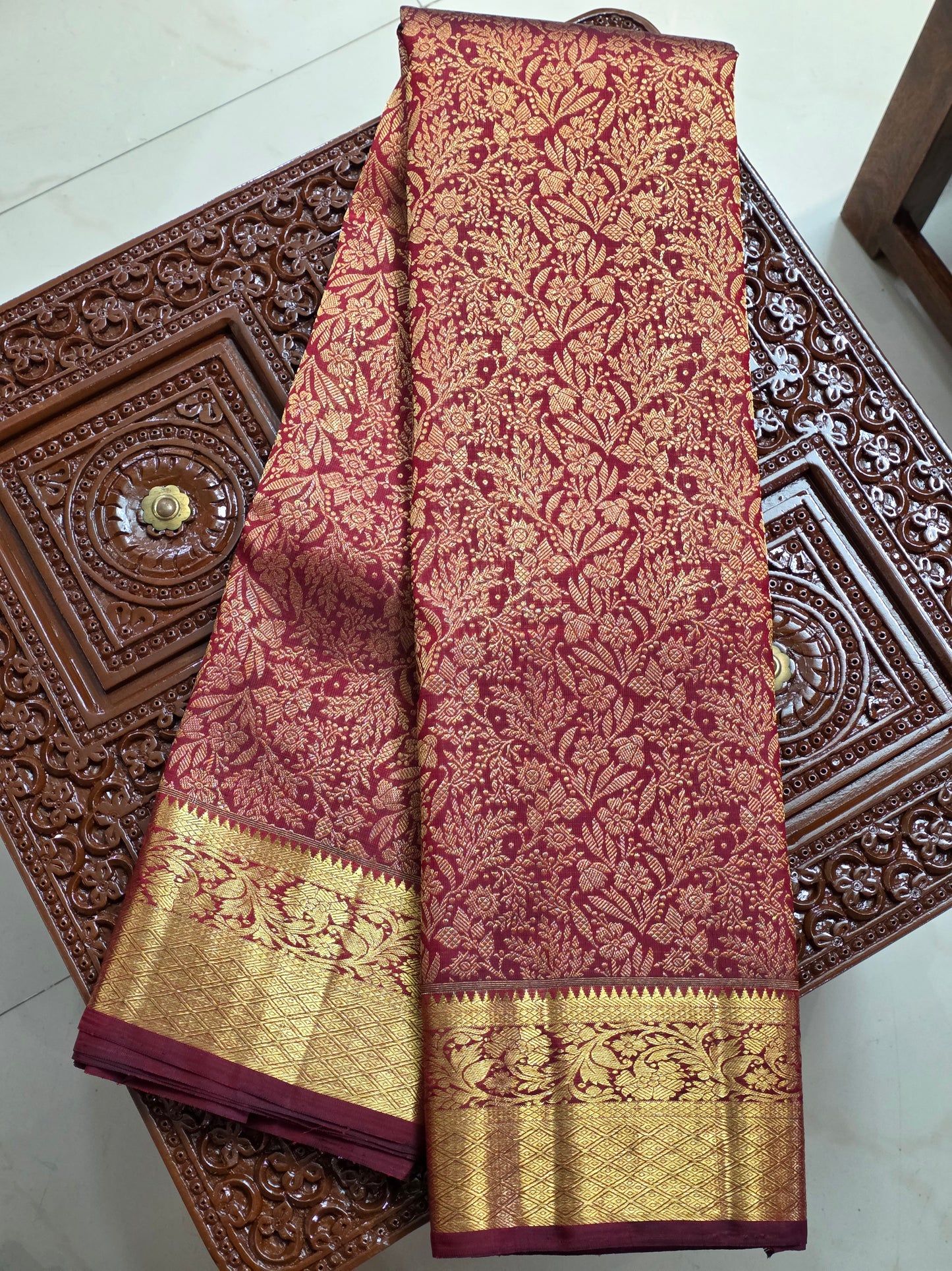 Red / rust pure silk saree with 100% pure zari completely hand woven