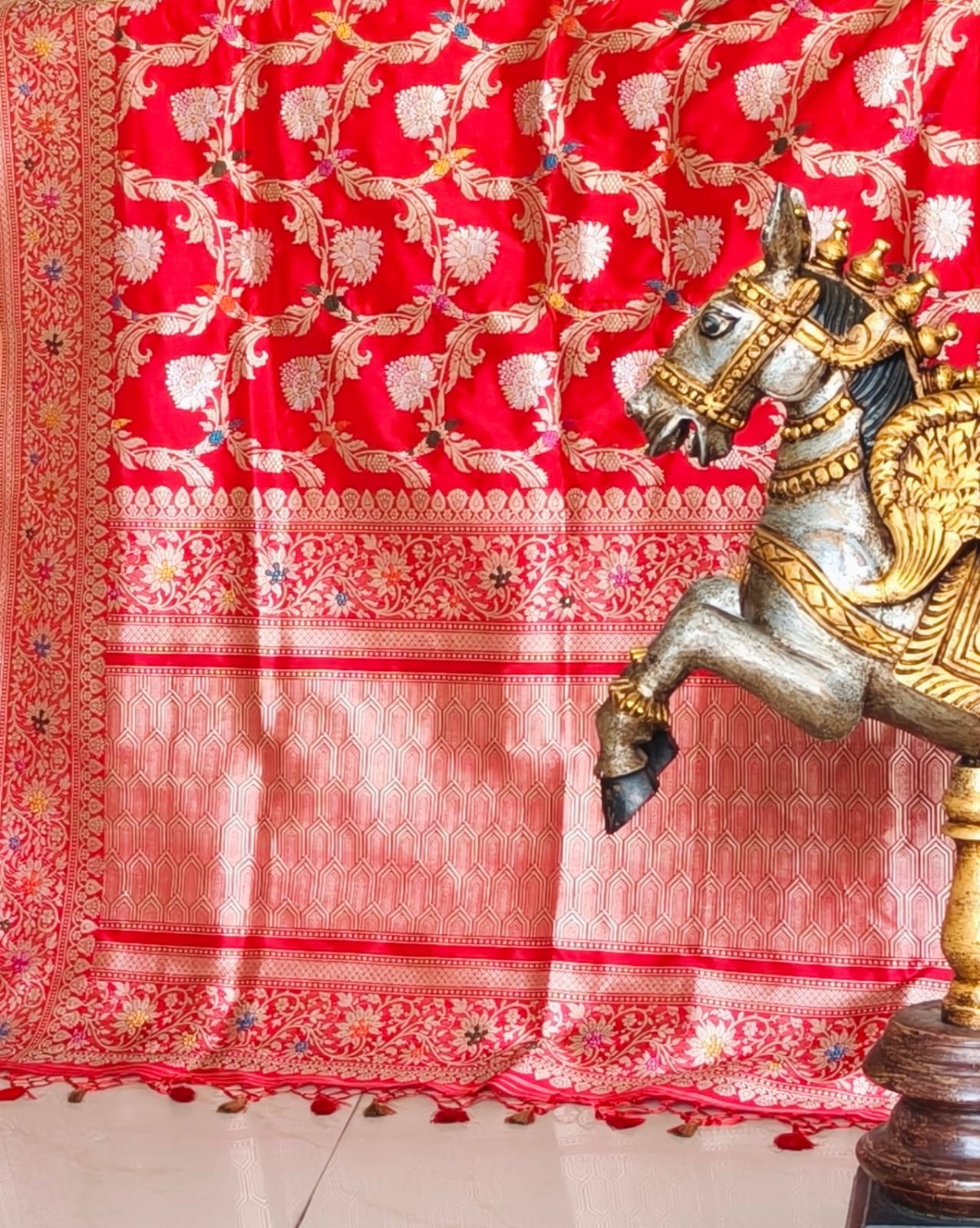 Pure Mulberry silk with pure zari completely hand woven with interlocking zari work
