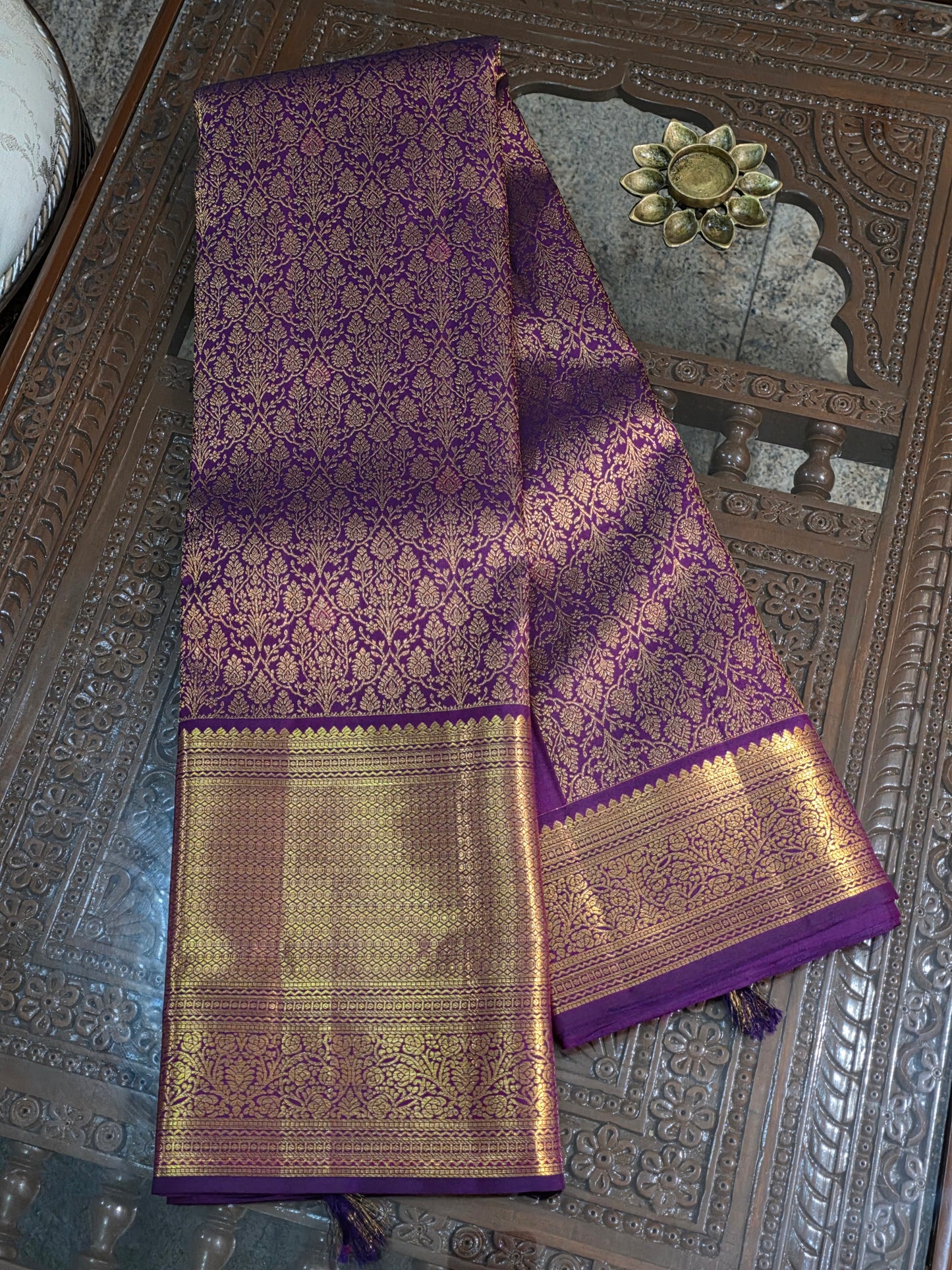 Pure Mulberry silk saree purple colour and golden pure zari completely hand woven.