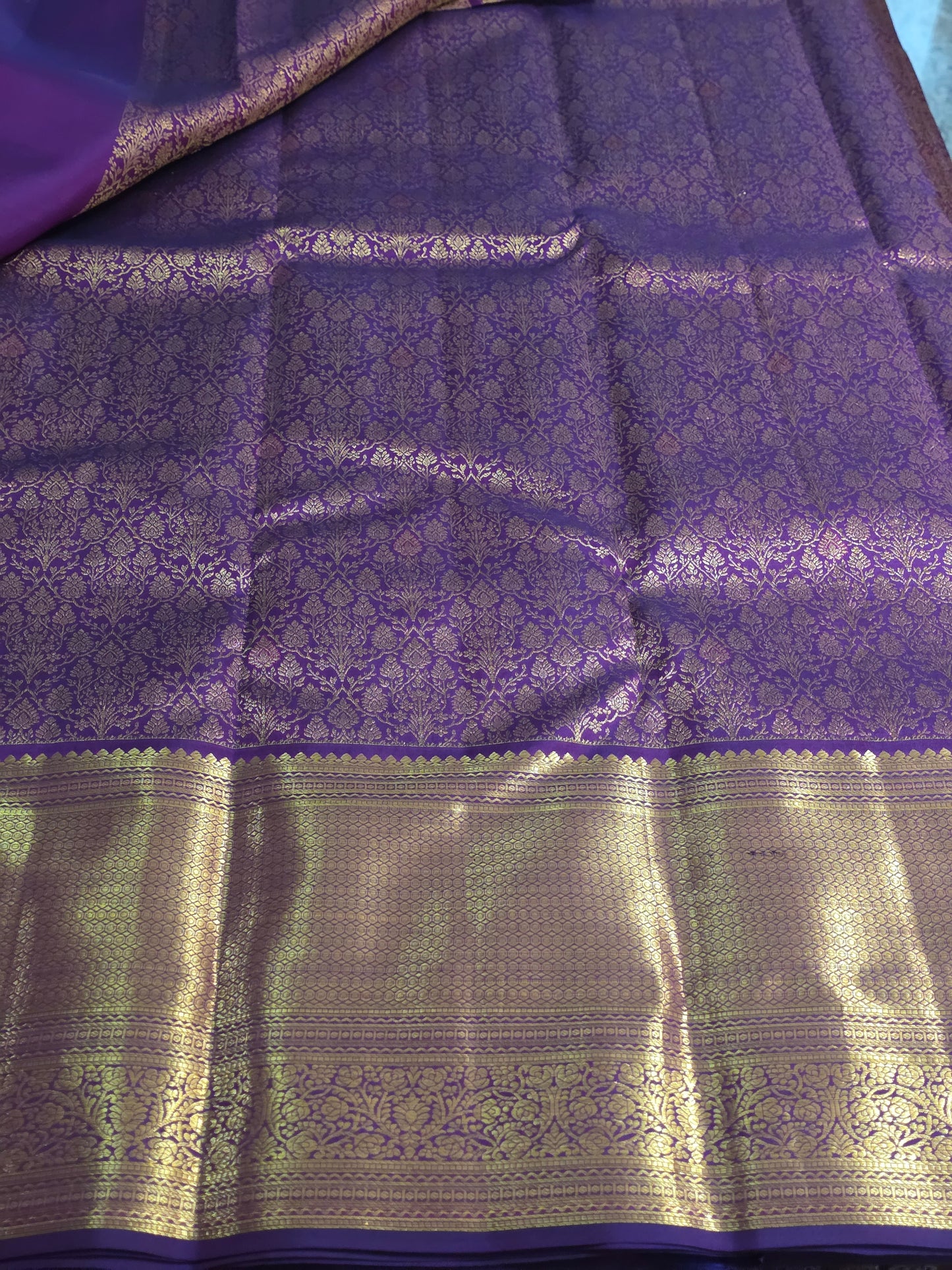 Pure Mulberry silk saree purple colour and golden pure zari completely hand woven.