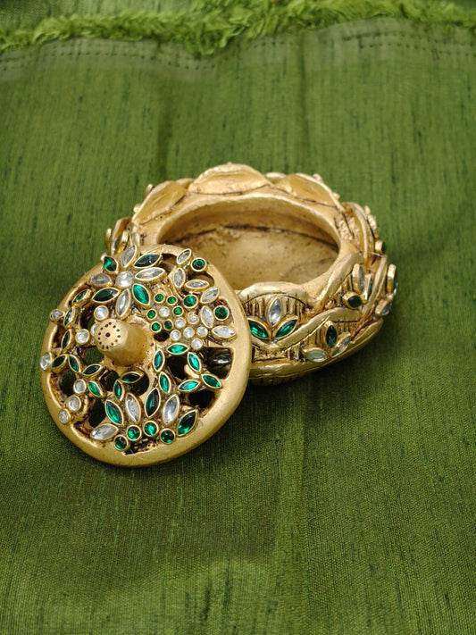 Dhoop/ Kumkum box/ jewellery box in pure brass. Studded with shimmering stonework.