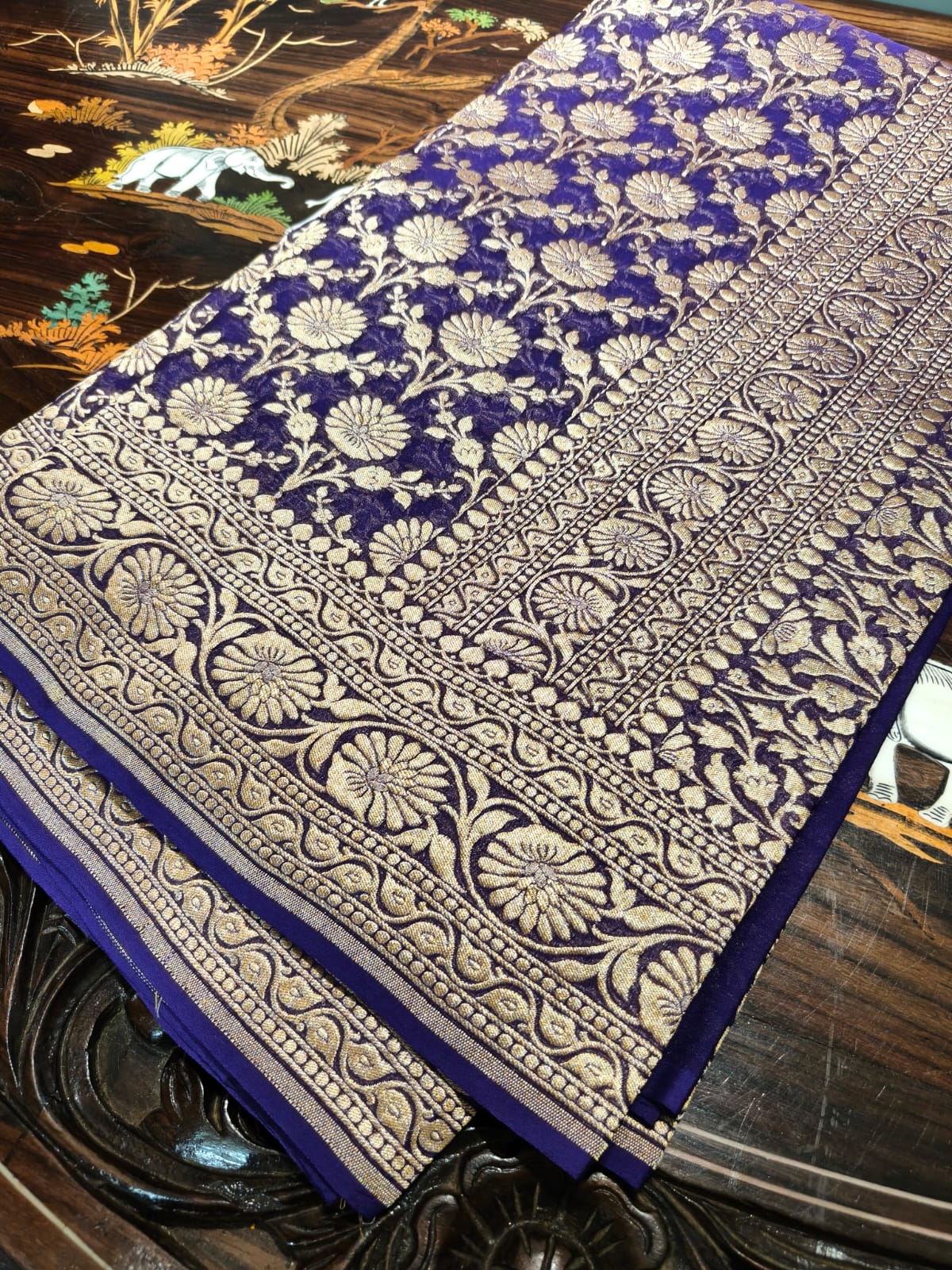 Pure 100% mulberry silk dark blue saree completely hand woven in pure zari