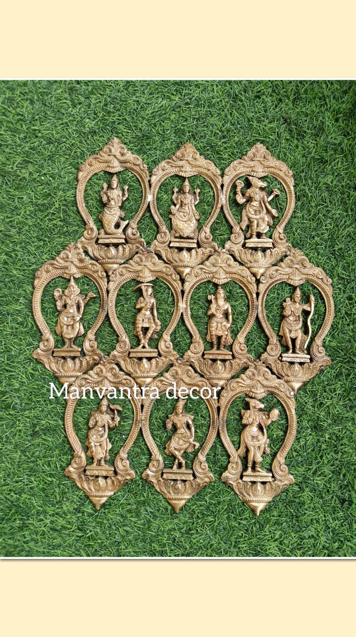 Dashavatar Darshan: Arched Brass Tapestry of Vishnu’s Ten Incarnations, a wall hanging.