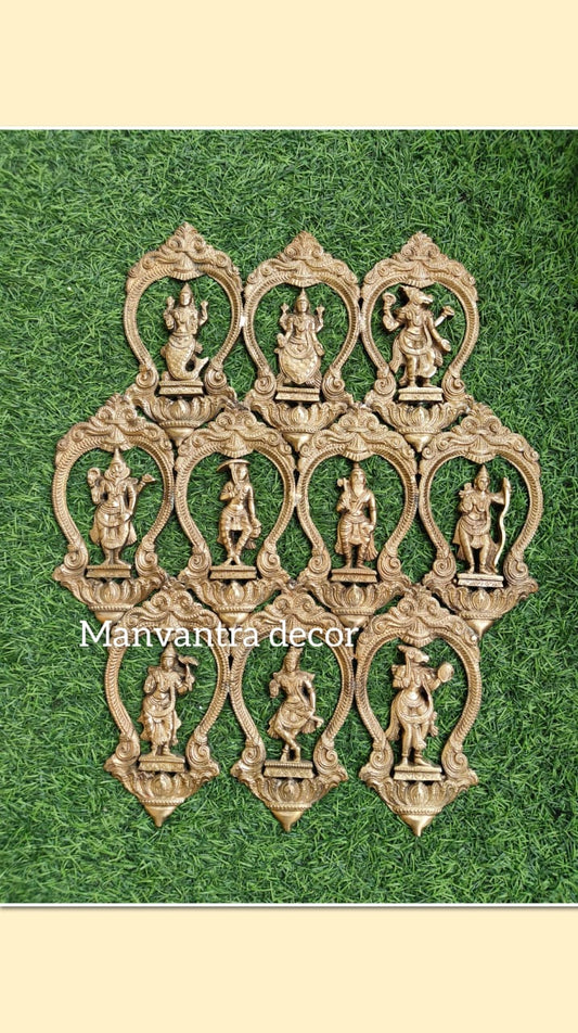 Dashavatar Darshan: Arched Brass Tapestry of Vishnu’s Ten Incarnations, a wall hanging.