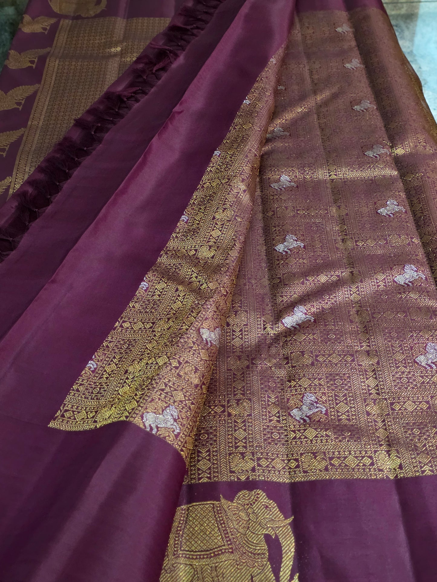 Pure Mulberry silk saree maroon colour with pure zari completely hand woven, rich border and pallu