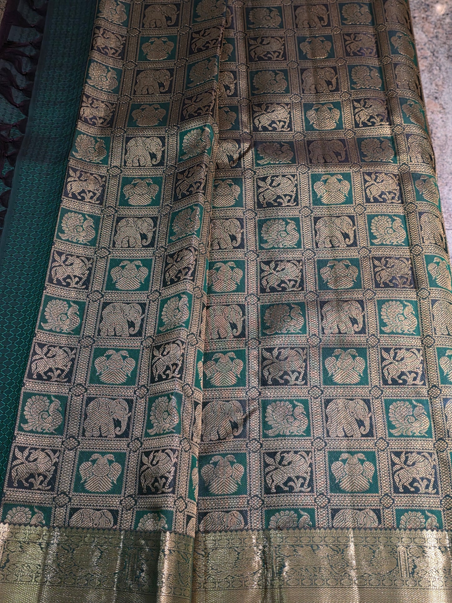 Pure Mulberry dual tone green colour silk saree with pure zari completely hand woven.