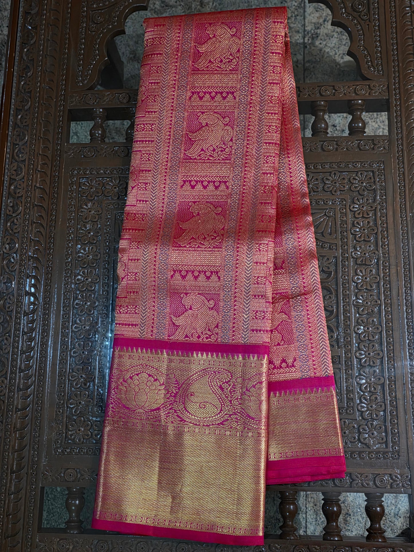 Pure Mulberry silk dual tone pink and golden color saree with pure zari completely hand woven.