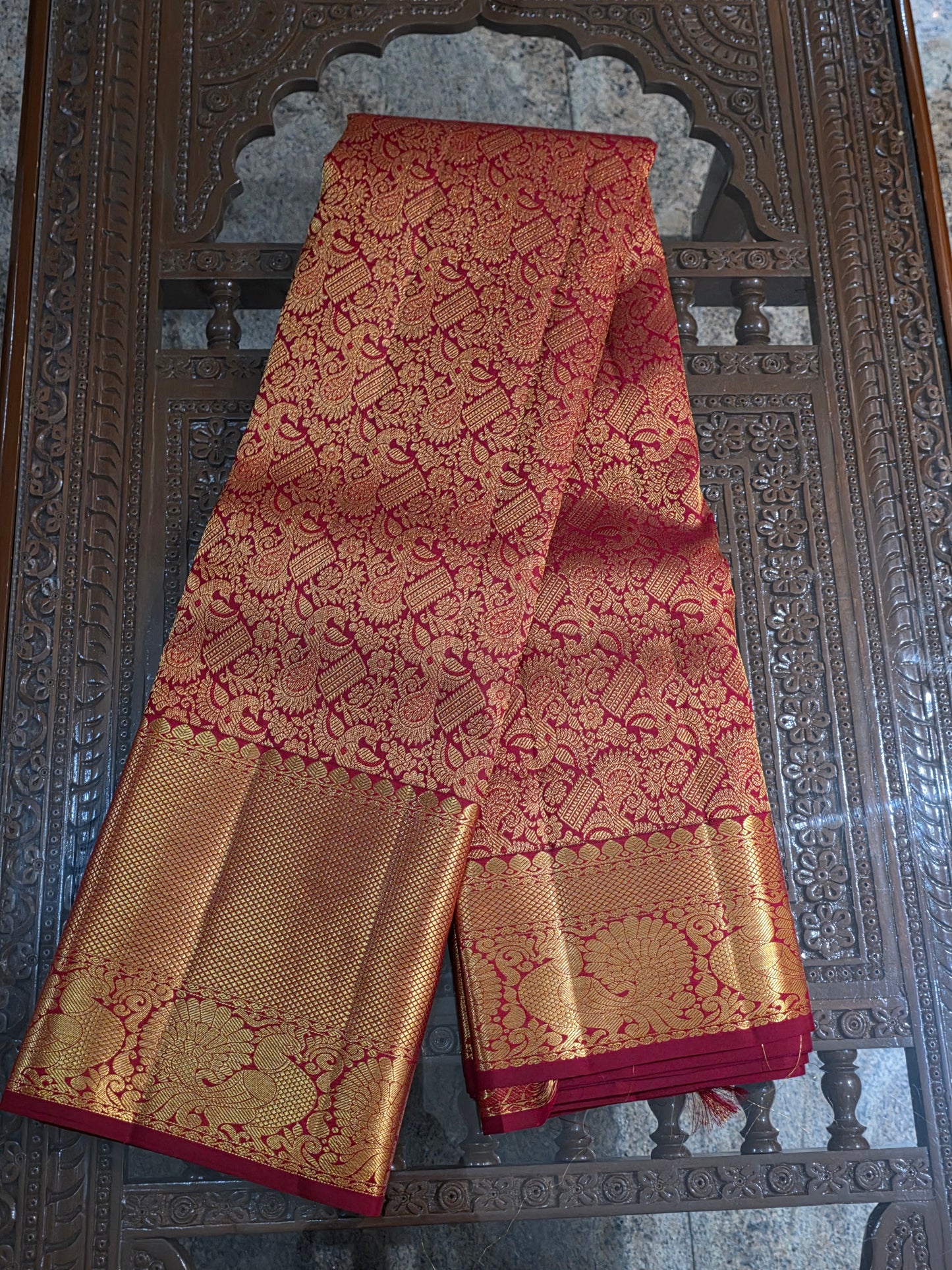 Pure Mulberry red and golden colour silk saree with pure zari completely hand woven.