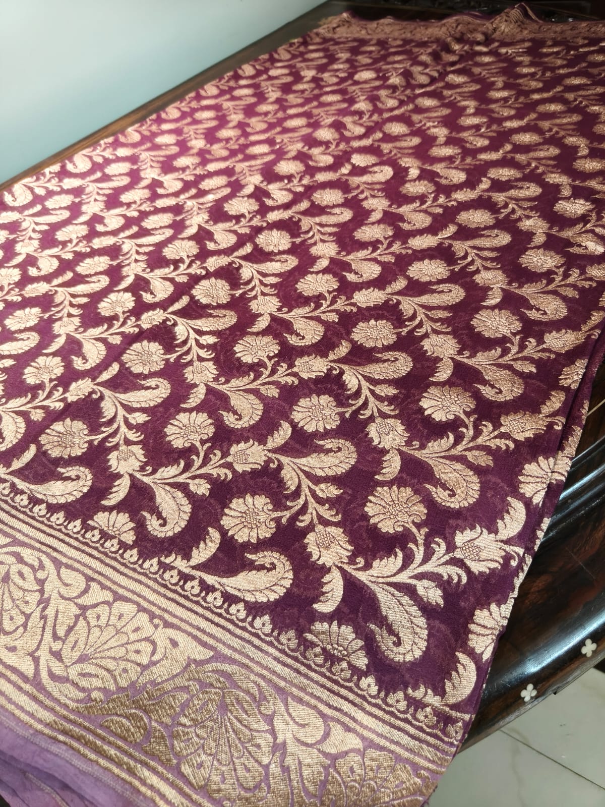 Pure silk wine colour saree in sheer and breathable silk completely hand weaved and pure zari
