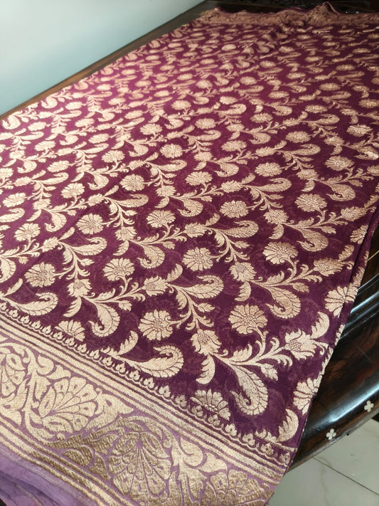 Pure silk wine colour saree in sheer and breathable silk completely hand weaved and pure zari