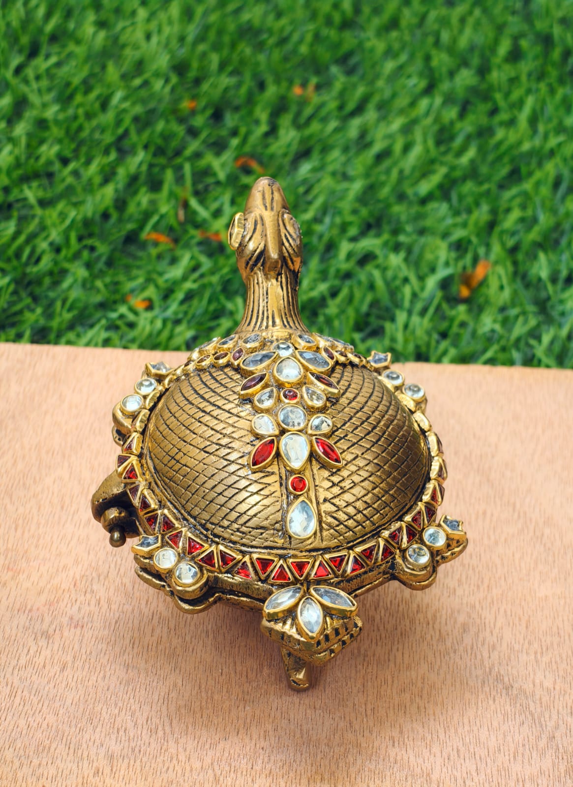 Turtle shape kum kum box with kundan work in pure brass