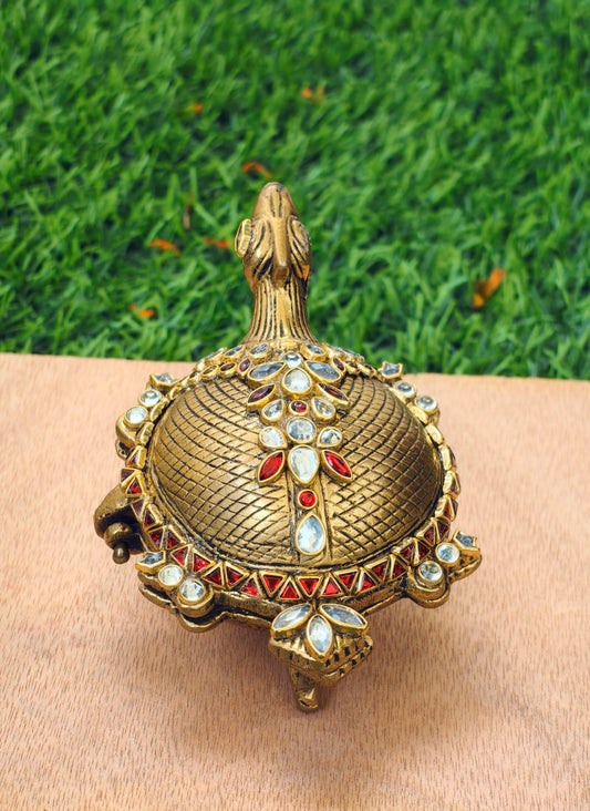Turtle shape kum kum box with kundan work in pure brass