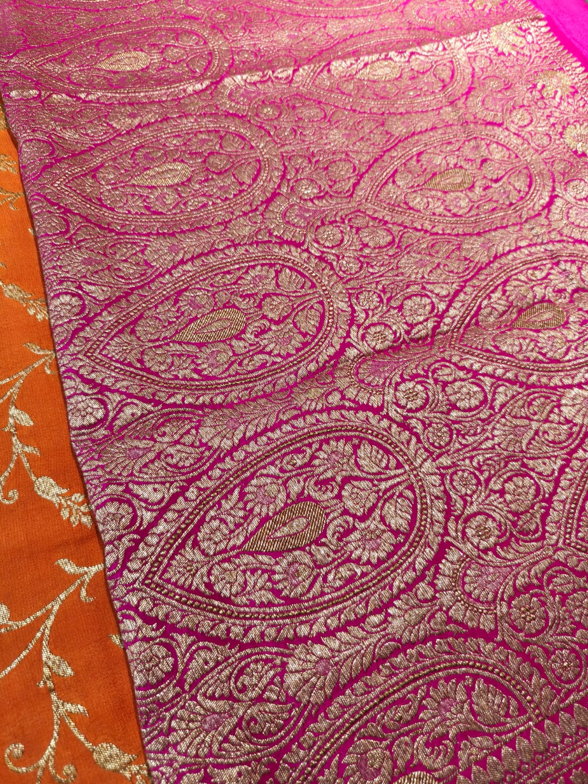 Pure crepe orange silk saree in sheer and breathable silk completely hand woven with pure zari