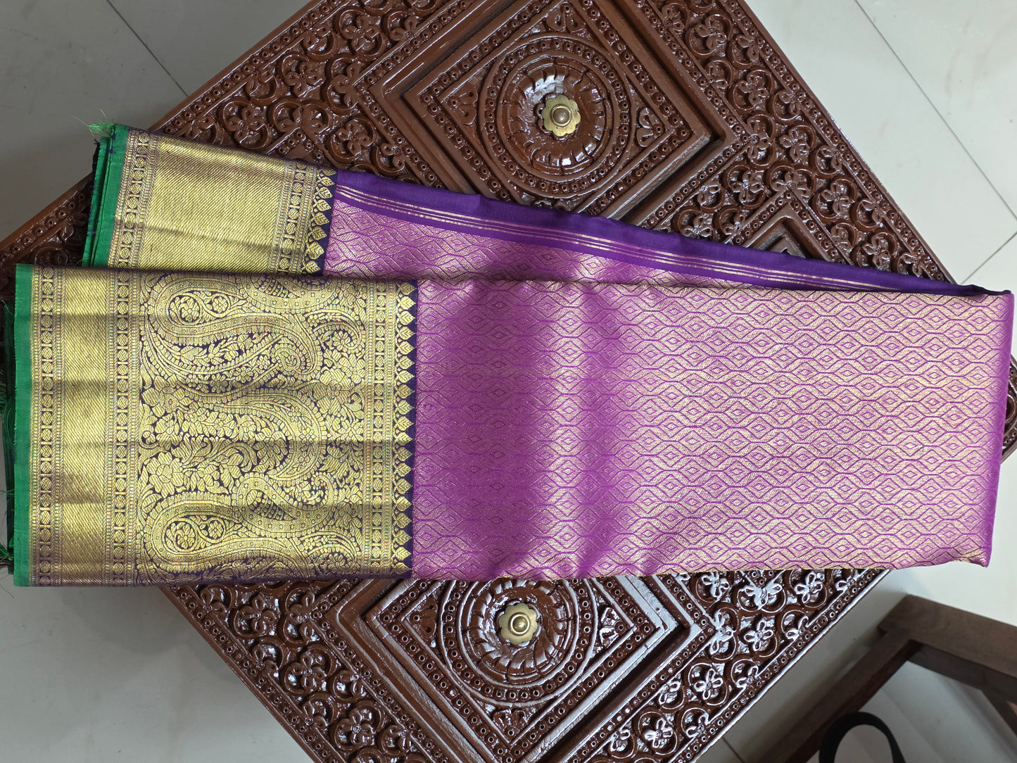 Purple pure silk korvai saree with 100% pure zari and contrasting border and blouse