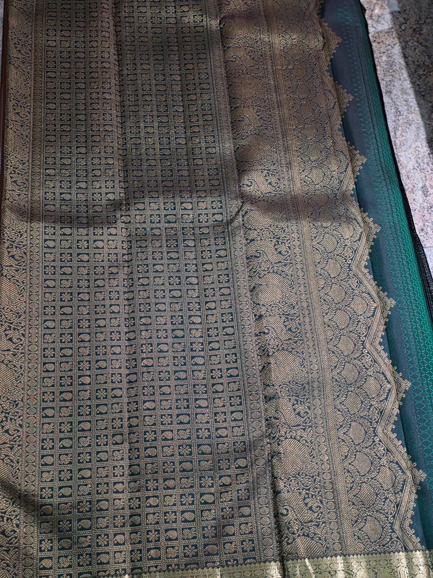 Pure Mulberry dual tone green colour silk saree with pure zari completely hand woven.